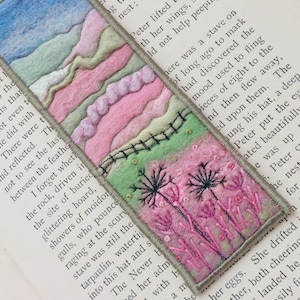Fabric bookmark handmade in felting with embroidered flowers -  landscape bookmark picture - an ideal gift for reader - F05