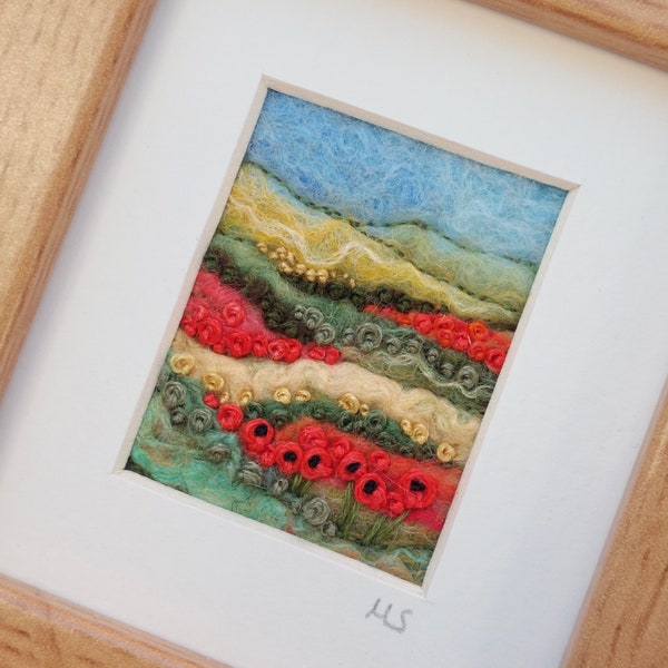 Felt Flowers Picture - Poppy landscape - British Countryside Scene in Felt and embroidery - F02
