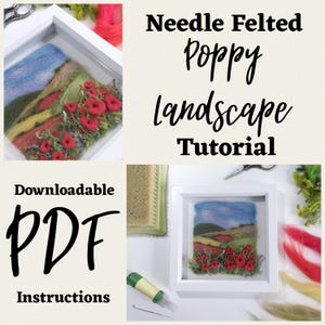 Op de afbeelding: Naaldvilten klaprozen landschap tutorial. De afbeelding toont een ingelijst viltlandschap met rode klaprozen, groene velden en een blauwe lucht. De tekst "Downloadbare PDF Instructies" is ook zichtbaar.
