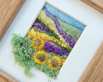 Felt Sunflower Art - Felted and Embroidered Miniature Sunflowers Picture - F02