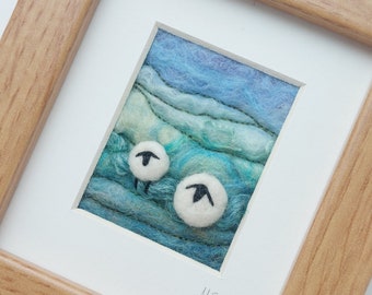 Felted sheep picture - needle felted and hand embroidered miniature art - unusual twist on a Classic British Countryside Scene - F01