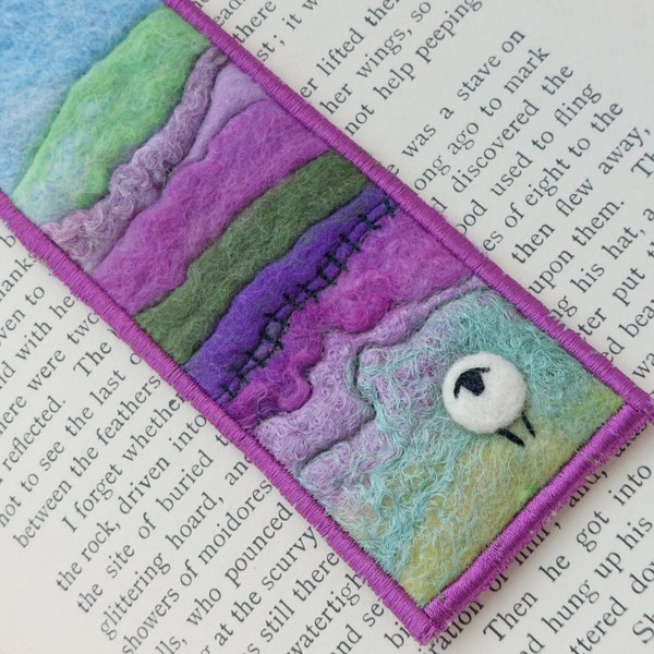 Fabric bookmark handmade in felting with felted and embroidered sheep -  landscape bookmark picture - an ideal gift for reader - F05