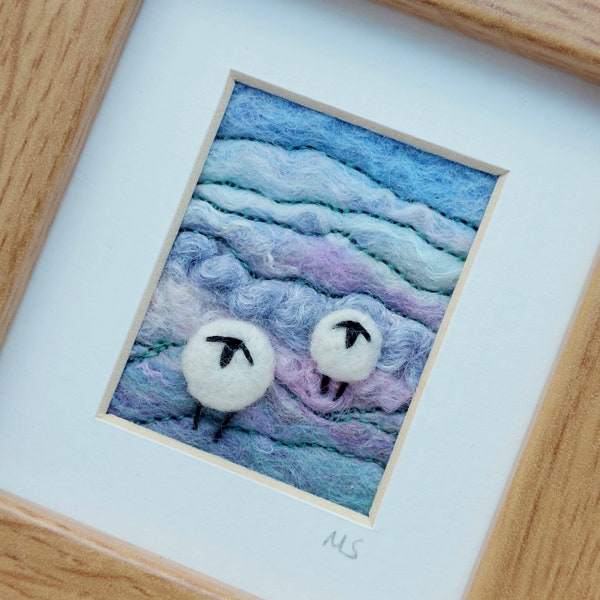 Felted sheep landscape picture - needle felted and hand embroidered miniature artwork - F01