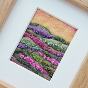 Felt Flowers Picture - Heather Sunset miniature landscape - British Countryside Scene in Felt and embroidery - F02