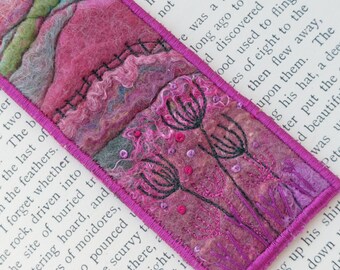 Fabric bookmark handmade in felting with embroidered flowers -  landscape bookmark picture - an ideal gift for reader - F05