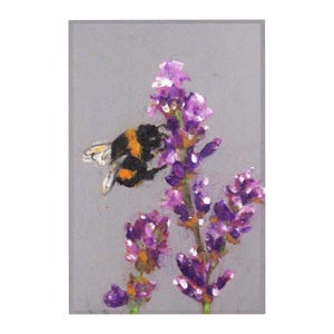 May include: A pastel painting of a bumblebee on a lavender flower. The bee is black and yellow, and the lavender is purple with green stems. The background is a light gray.
