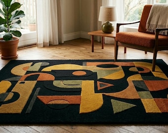 Alfombra moderna de mediados de siglo, alfombra de lana tejida a mano con diseño geométrico abstracto, alfombra bohemia escandinava contemporánea para sala de estar, decoración moderna para pisos