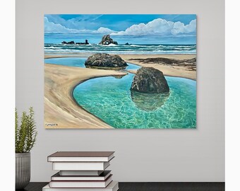 May include: A painting of a beach scene with two large rocks in the water. The water is a vibrant turquoise color and the sand is a light beige. The sky is blue with white clouds.