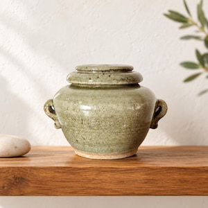 May include: A small, round, sage green ceramic jar with a matching lid and two side handles. The vessel features a mottled, glossy glaze with visible dark speckles and a smooth, rounded silhouette, resting on a plain, unglazed base.