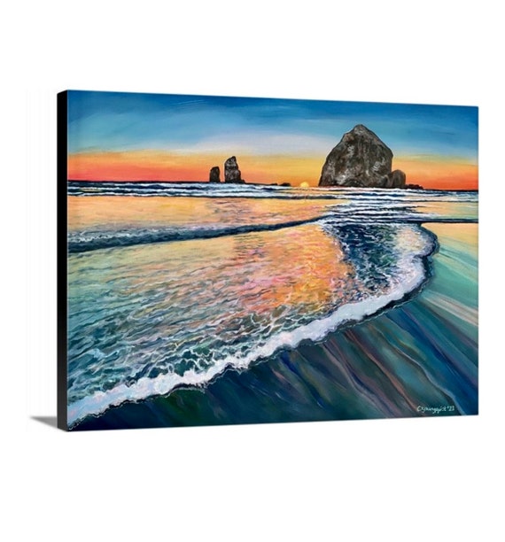 18 X 24 Canvas Print/ Cannon Beach Art/ Pacific Northwest Painting/ Sunset  Painting 