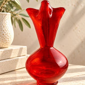 Vintage Polish Cadmium Art Glass Vase | 6" Mid Century Ruffled Rim Rose Bowl | UV Reactive Glowing Orange Selenium Glass | Retro Home Decor