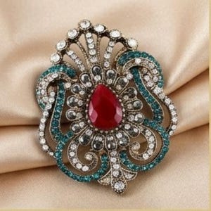 Vintage Ruby Brooch for Women, Victorian Antique Brooch Pin, Turkish Statement Brooch, Retro Red Crystal Brooch, Gothic Costume Jewelry