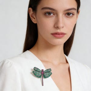 Emerald Dragonfly Brooch, Art Deco Style, Ruby Eyed Bug Pin for Women, Statement Jewelry