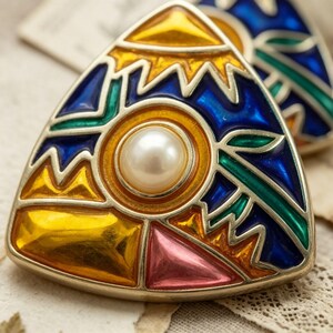 Vintage Colorful Enamel Triangle Brooch Pin Geometric Art Deco Badge with Faux Pearl Vibrant Statement Jewelry
