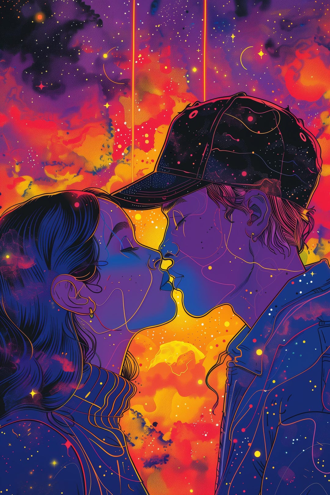 Cosmic Lovers Kiss Print, Galaxy Romance, Bedroom Wall Art (digital ...