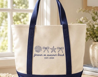 Personalized Summer Teacher Tote Bag, Embroidered Canvas Beach Bag, Back to School Teacher Appreciation Gift