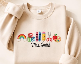 Kindergarten Teacher Sweatshirt, Embroidered ABC Rainbow Crayon Pencil Apple Art Pullover, Back To School Gift