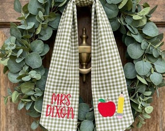 Personalized Teacher Wreath Sash, Apple Pencil Door Bow, Custom Teacher Gift Decor, Back To School Wreath Ribbon