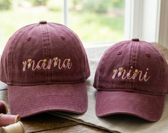 Mama Mini Floral Embroidered Hats, Mommy and Mini Matching Caps, Cute Mom and Child Gift Set, Vintage Washed Family Hats