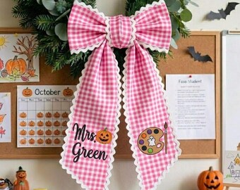 Personalized Art Teacher Halloween Wreath Sash, Pink Gingham Paint Palette Classroom Door Bow Gift