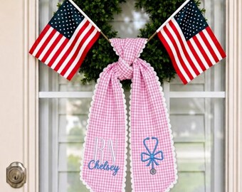 Personalized RN Nurse Wreath Sash, Pink Gingham Stethoscope Door Bow, Patriotic Nurse Gift, 4th of July Decor
