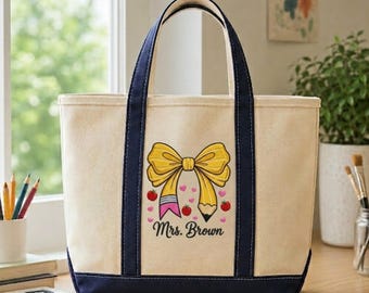 Personalized Teacher Tote Bag with Pencil Bow Design, Custom Teacher Name Canvas Tote, Back To School Gift, Graduation Gift