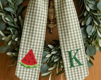Personalized Watermelon Wreath Sash, Summer Monogram Door Bow, Custom Gingham Wreath Ribbon, Farmhouse Front Door Decor