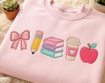 Primary Teacher Sweatshirt, Pink School Supplies Embroidered Pullover, Back To School Teacher Gift, Retirement Gift