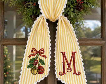 Personalized Christmas Wreath Sash, Yellow Stripe Monogram Door Bow, Holiday Ornament Front Door Decor