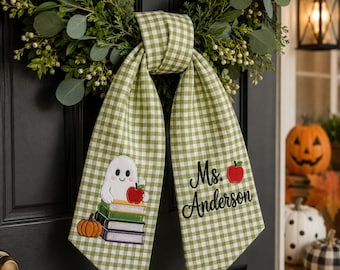 Personalized Teacher Halloween Wreath Sash, Green Gingham Ghost Books Apple Door Bow, Back To School Fall Classroom Decor