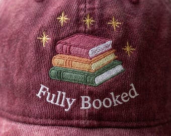 Fully Booked Embroidered Dad Hat, Book Lover Aesthetic Cap, Reader Gift Baseball Hat, Cute Library Book Stack Hat
