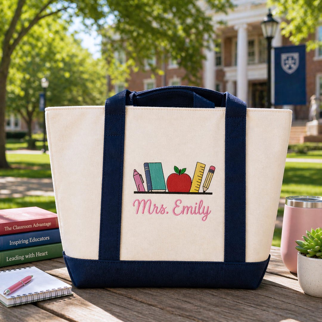 Personalized Teacher Canvas Carry Bag With Name, Cute Apple & Books ...