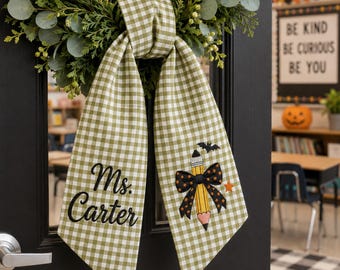 Personalized Teacher Halloween Wreath Sash, Green Gingham Pencil Bow, Back To School Fall Classroom Door Decor