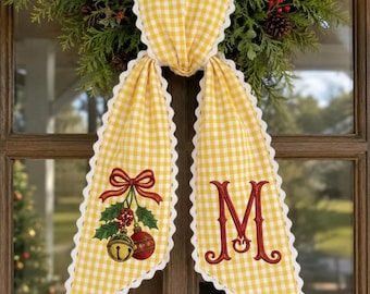 Personalized Christmas Wreath Sash, Yellow Stripe Monogram Door Bow, Holiday Ornament Front Door Decor