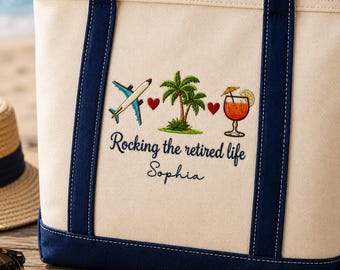 Personalized Retirement Beach Tote Bag, Rocking The Retired Life Canvas Tote, Custom Retiree Gift, Teacher Retirement Gift, Travel Lover Bag
