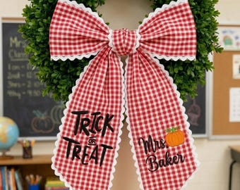 Personalized Teacher Halloween Wreath Sash, Gingham Trick or Treat Bow, Pumpkin Classroom Door Decor