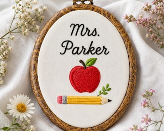Personalized Teacher Gift Embroidery Hoop, Apple Pencil Classroom Decor, Back to School Graduation Retirement Gift