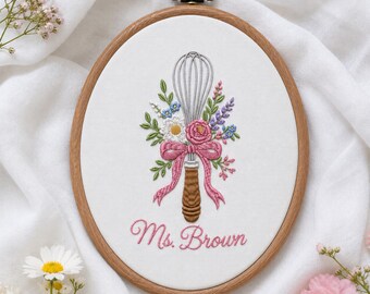 Personalized Cooking Teacher Embroidery Hoop, Custom Name Whisk Floral Kitchen Classroom Decor, Graduation Retirement Gift