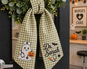 Personalized Nurse Halloween Wreath Sash, Green Gingham Ghost Nurse Door Bow, Nursing Graduation Clinic Door Decor
