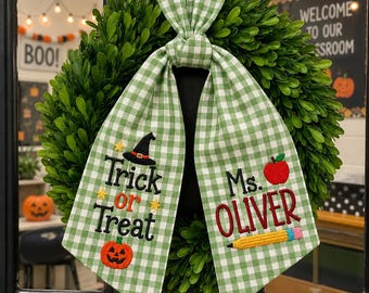 Personalized Teacher Halloween Wreath Sash, Green Gingham Trick or Treat Door Bow, Back To School Classroom Decor