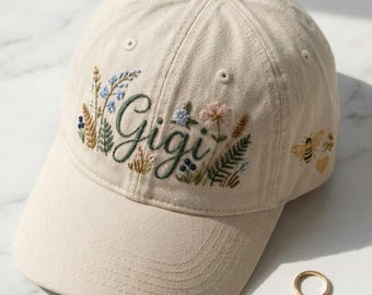 Personalized Gigi Floral Embroidered Cap, Grandma Wildflower Nana Hat