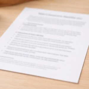 May include: A white sheet of paper with printed text lies on a light brown wooden surface. The text is slightly blurred, but appears to be a document. The paper is positioned at an angle, with a corner pointing towards the viewer.