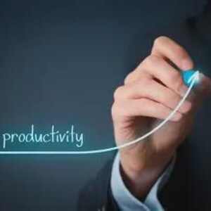 May include: A hand holding a blue pen is drawing a white upward-sloping arrow, with the word "productivity" written below the arrow. The background is a dark blue.