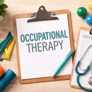 May include: A clipboard with the words "OCCUPATIONAL THERAPY" in teal and gray, a pen, and a stethoscope. Also, exercise equipment, including resistance bands, foam rollers, and spiky massage balls, are visible. A small potted plant and colorful balls are also present.