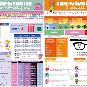 Peut inclure: Affiches éducatives en français et en mathématiques. L'affiche française comprend l'alphabet, les saisons et les conjugaisons de verbes. L'affiche de mathématiques présente des nombres, des formes géométriques et des tables de multiplication.