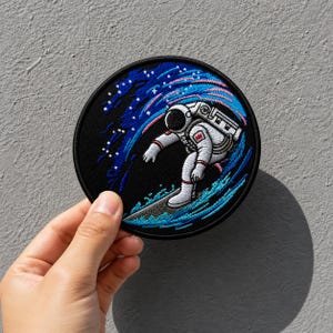 Astronaut Surfing Embroidered Patch Iron On Sew On, Space Wave Patch, Cosmic Galaxy Badge, Sci Fi Jacket Patch