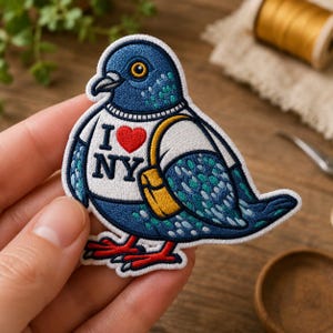 May include: An embroidered iron-on patch featuring a blue pigeon wearing a white t-shirt with the text I heart NY in black letters and a red heart symbol. The pigeon has a yellow shoulder bag, orange feet, and a yellow eye with a black pupil.