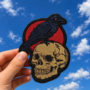 Raven Skull Patch Iron On Sew On Embroidered Patch, Gothic Crow Skull Applique, Dark Academia Jacket Backpack Hat Patch