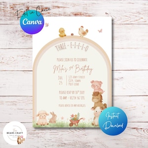 May include: A printable birthday invitation with a farm animal theme. The invitation features a watercolor design with a duck, chicken, pig, horse, cow, sheep, and rabbit. The text reads "Three E-I-E-I-O" and "Mila's 3rd Birthday". Includes RSVP information.