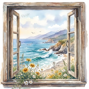 May include: Watercolour painting of an open wooden window framing a coastal vista. The scene features a blue sea, sandy beach, cliffs, and mountains beneath a cloudy sky. Yellow and white flowers are in the foreground.
